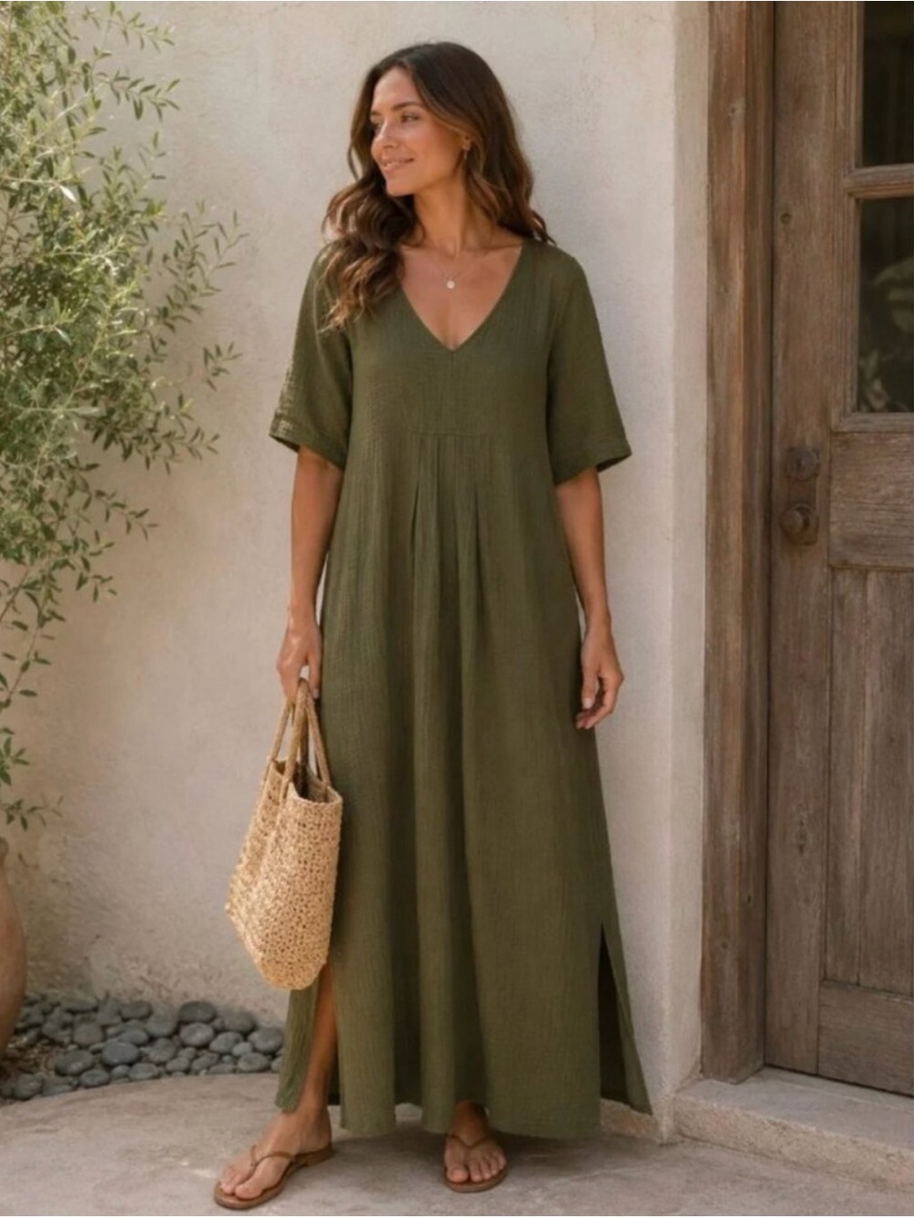 Soft Surroundings Olive Green Cotton Gauze Relaxed Fit Tunic Maxi Dress